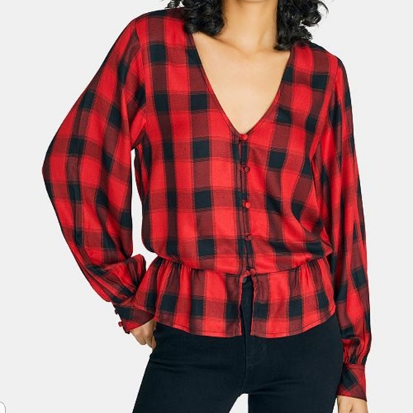 LOVE NOTES BUFFALO RED PLAID PEPLUM TOP  SZ M - Picture 1 of 8